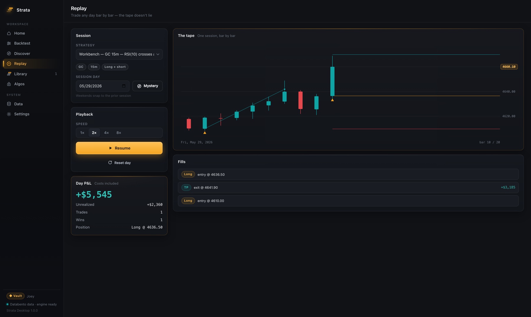 Market Replay in Strata — a real session playing bar by bar with live day P&L and fills
