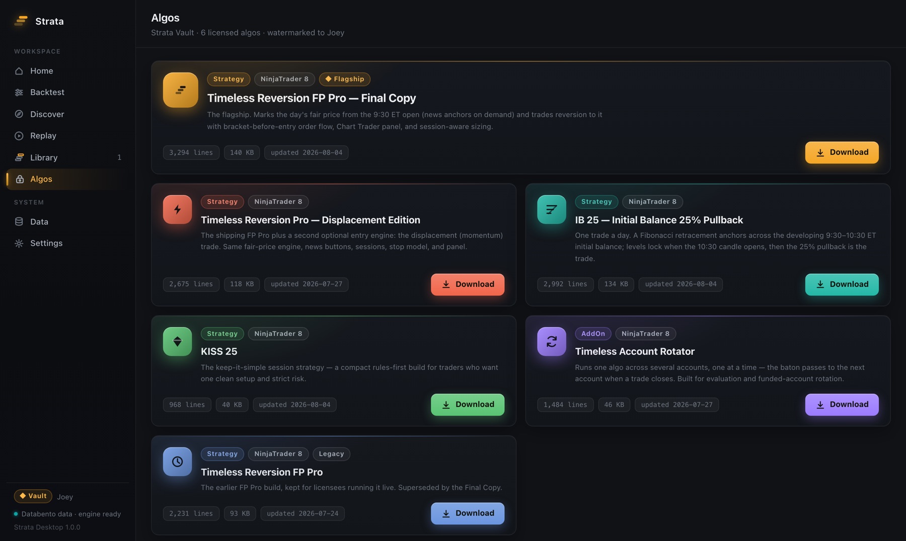 The Algos section in Strata for Mac — six Timeless algos with licensed, watermarked downloads